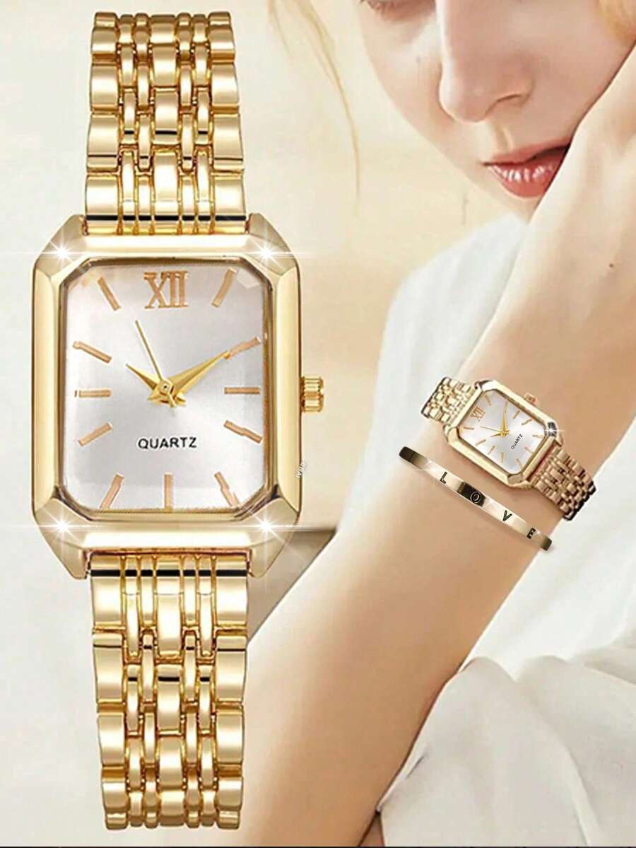 2pcs/Set Elegant Women's Gold Watch, Stainless Steel Strap, Square Dial Quartz Watch, Suitable For Exams | Mother's Day Gift | Anniversary Gift | Birthday Gift | Holiday Gift