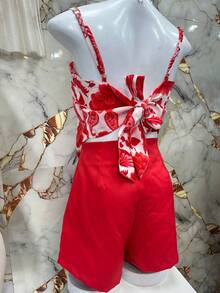 Two-Piece Set: One-Size-Fits-All Shirt With Tie At The Back And Print, And Shorts With Zipper (No Pockets). - Hot Pink - View 2