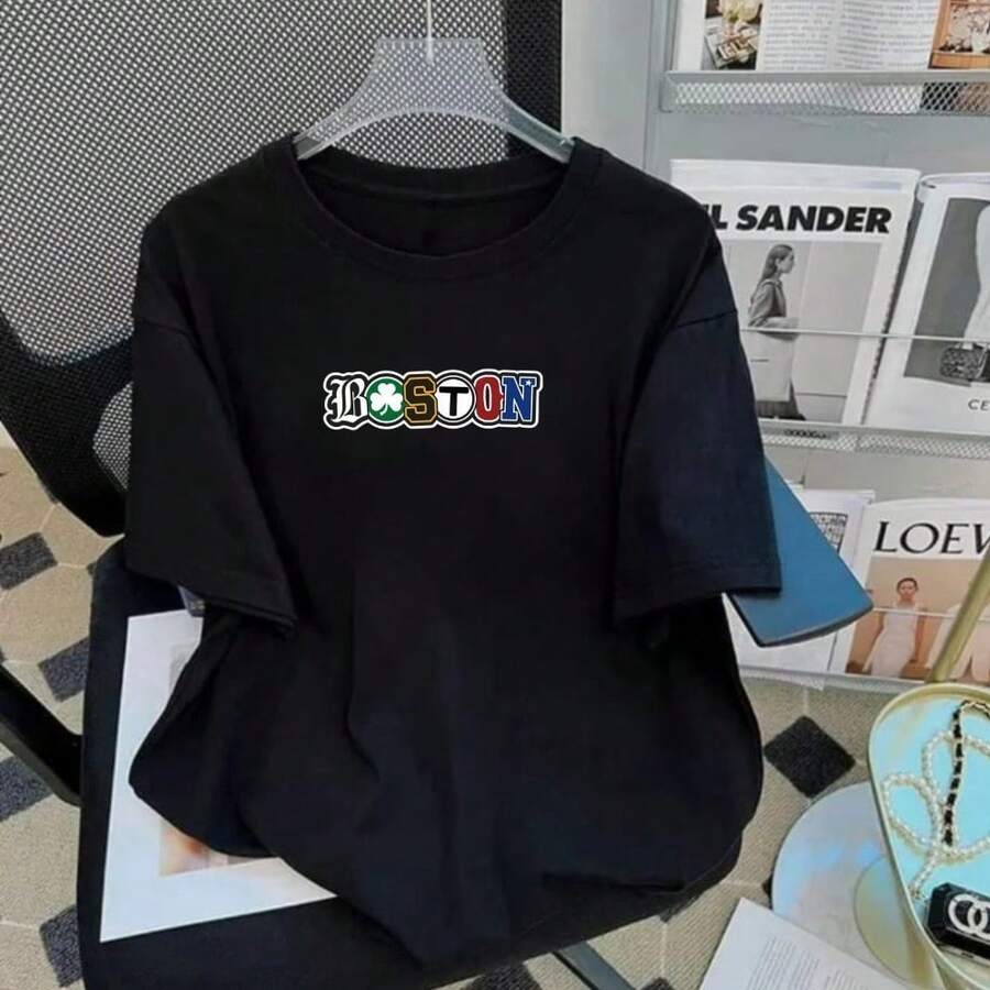 Boston Streetwear T-Shirt, Cotton Shirt, New Release, Men's And Women's - 黑色 - 查看 1