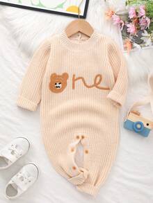 Infant Casual Cute Bear Embroidered "One" Letter Knitted Romper - Apricot - View 1