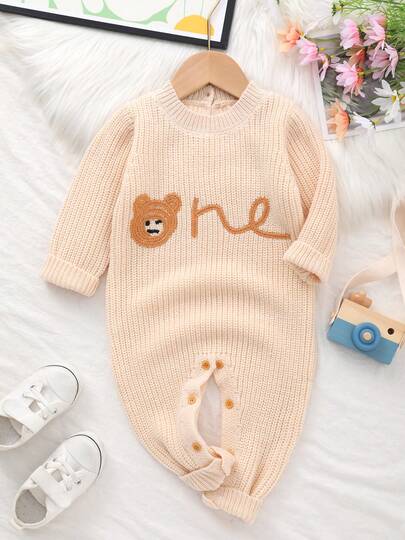 Infant Casual Cute Bear Embroidered "One" Letter Knitted Romper