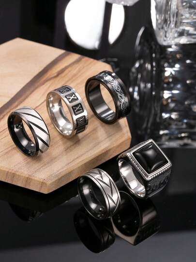 Erkekler İçin 5 Adet Gotik Punk Paslanmaz Çelik Çok Renkli Yüzük Seti, Çapraz Çizgili Roma Rakamı ve Obsidyen Elemanları Dahil, Günlük Giyim, Festivaller, Randevular, Nişanlar, Düğünler ve Hediyeler İçin Uygundur