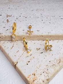 4pcs Floral Square Zirconia Pendant Earrings, Stackable, Suitable For Women; 14K Gold Plated Luxury Horse Eye Zirconia Stud Earrings, Suitable For Cartilage, Earlobe, Helix And Multiple Ear Piercings, Fashionable And Eye-Catching Earring Styles. - Gold-11# - View 4