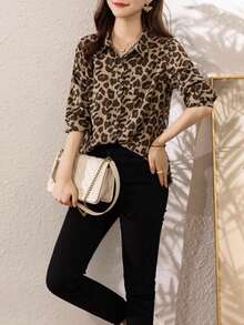 YUXIN 女士春夏复古豹纹衬衫，翻领长袖宽松款，适合日常外出/轻度社交场合，透气修身时尚上衣 - 咖啡 - 查看 10