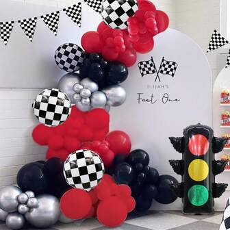 102件/套赛车主题气球拱门，生日派对装饰，包含交通灯、方格铝箔气球以及红色、黑色、金属银色乳胶气球，适用于赛车主题派对、体育赛事、赛道装饰、家庭赛车派对、户外嘉年华、单身派对、拍照道具、主题派对装饰用品