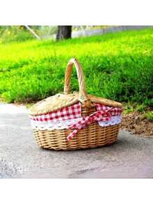 1个复古藤编户外手提提手储物篮野餐篮带盖 - 彩色 - 查看 6