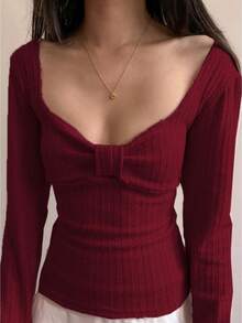 Women Y2k Sweater Top Square Neck Long Sleeve Knitwear Vintage Slim Fit Shirts Ruffle Hem Blouse Fairy Grunge Aesthetic Coquette Clothes Harajuku Streetwear 90s Fall Winter Knitwear - 紅色 - 查看 1