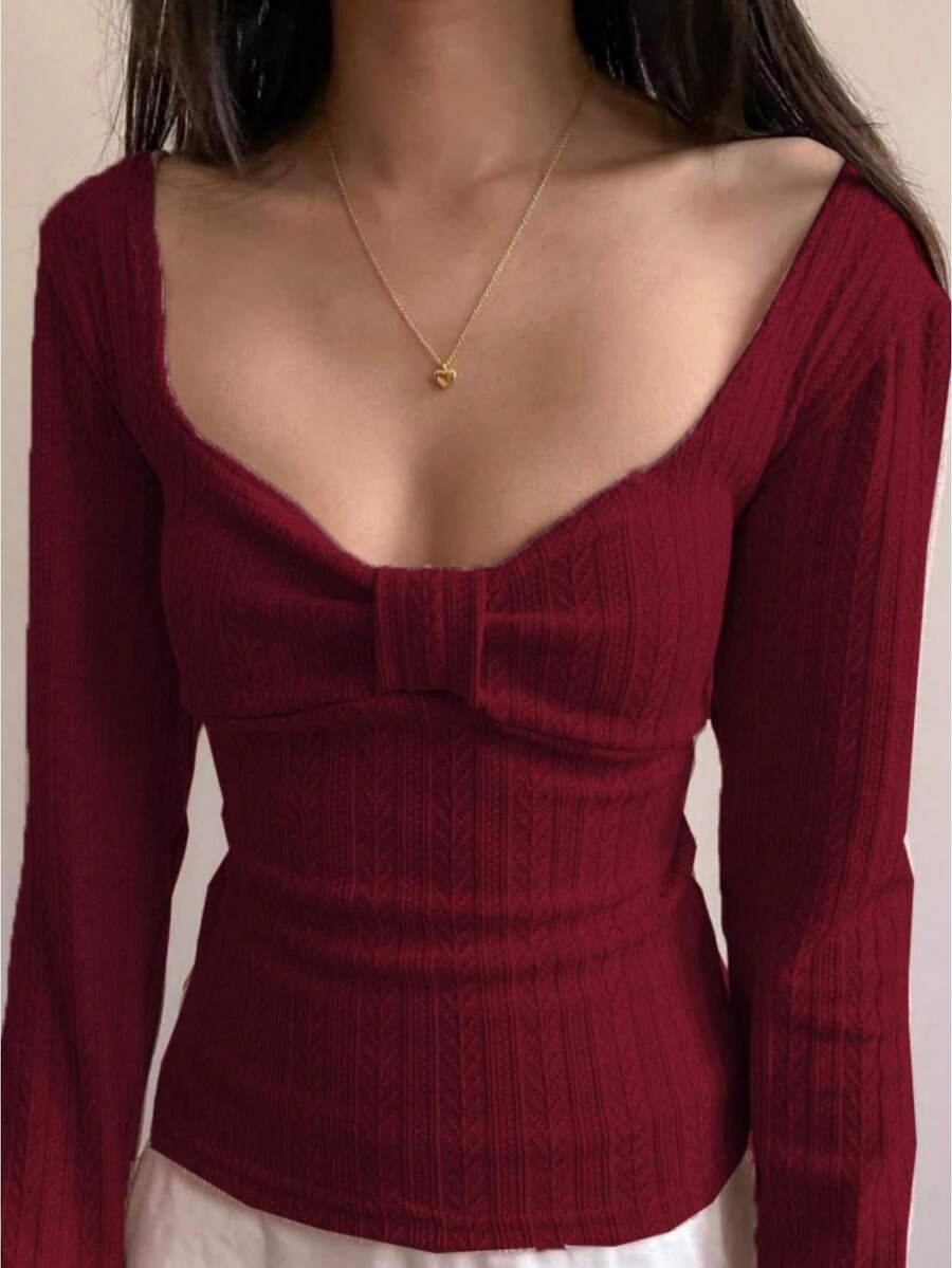 Women Y2k Sweater Top Square Neck Long Sleeve Knitwear Vintage Slim Fit Shirts Ruffle Hem Blouse Fairy Grunge Aesthetic Coquette Clothes Harajuku Streetwear 90s Fall Winter Knitwear - 紅色 - 查看 1