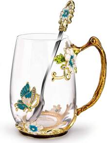 Juego de Taza de té y Taza de Café de Vidrio con Cuchara - Hermosa Flor Mariposa Rosa Taza, Regalo perfecto (Azul Corta) - Crisantemo Alta - Ver 2