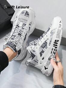 Men's Fashion Colorblock Random Graffiti Letter Patchwork Front Lace-Up High Top Sneakers, Comfortable Casual Outdoor Shoes For Hiphop Youths
