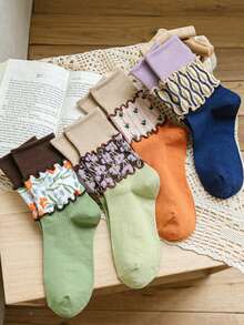 1/5 pares de meias curtas femininas bordadas com flores, meias quentinhas com estampa fofa - Multicolorido - Ver 4