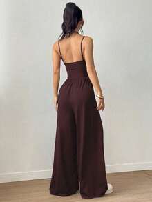 Swisz Women's Long Leg Jumpsuit With Double Straps And Front Pleats, Elegant Casual Style - 鏽棕色 - 查看 10