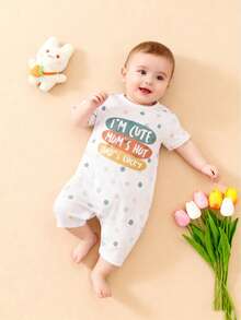 Pelele de bebé con estampado de texto "Mamá Papá Bebé", de manga corta, para uso casual en interiores y exteriores, de tela cómoda, para verano - Blanco - Ver 2