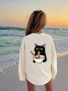 Camiseta de manga larga con cuello redondo y estampado gráfico divertido para niña preadolescente, parte superior para otoño/invierno - Albaricoque - Ver 9