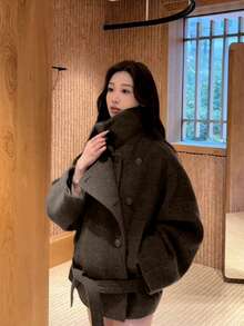 女士休闲保暖棕色立领丝绒高品质短款厚衬羊毛大衣 - 棕色 - 查看 5