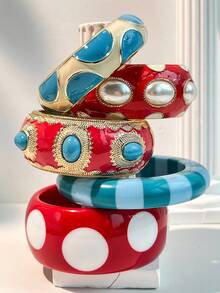 1pc Multi-Element Striped & Polka Dot Design Cloisonné Style Bracelet, Faux Pearl Decor, Elegant & Sexy Red & Blue Contrast, Suitable For Women's Daily Wear - Multicolor - View 2