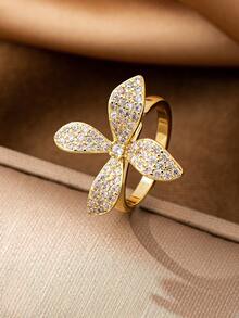 1 pieza Anillo de declaración de flor de serpiente de circonita de cobre de lujo para mujeres, joyas de anillos apilables de uso diario de moda y de alta calidad, chapado en oro de 18K