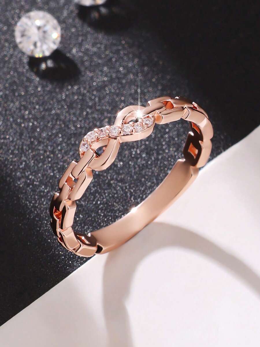 1 件简约时尚个性化锆石戒指，情人节、母亲节、生日礼物 - 玫瑰金 - 查看 1