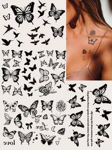 STARTTOOS Black Dynamic Butterfly & Floral Pattern Temporary Tattoo Stickers, Suitable For Fingers, Ears, Shoulders, Neck, Collarbone, Etc., DIY Daily Party Holiday Gift, Waterproof Realistic Tattoo Stickers - Black - View 2