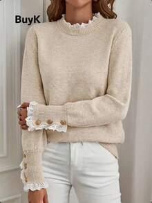 [Tops] BuyK Elegant Lace Trim Crew Neck Long Sleeve Knit Sweater For Women, Fashionable Gold Button Decor Blouse - Màu be - Xem 3