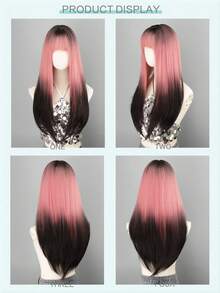 28 Inch Clip-In Black To Pink Ombre Synthetic Fiber Wig, Long Straight Layered Extra Volume Hairpiece With Bangs, Heat Resistant Women Wig - Pink Ombre - View 6