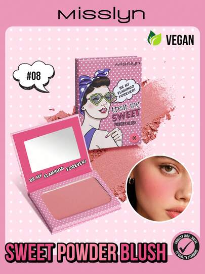 Misslyn Treat Me腮红粉，丝滑质地，哑光或珠光两种妆效可选，提亮肤色，内置镜子，打造自然哑光光泽，持久显色，轻盈易晕染，是Y2K妆容、派对、海滩、旅行、度假、露营的理想之选。