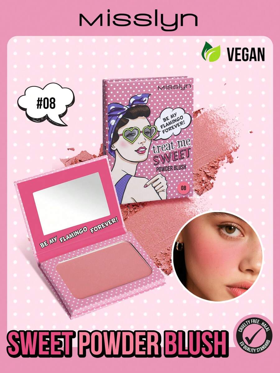 Misslyn Treat Me腮红粉，丝滑质地，哑光或珠光两种妆效可选，提亮肤色，内置镜子，打造自然哑光光泽，持久显色，轻盈易晕染，是Y2K妆容、派对、海滩、旅行、度假、露营的理想之选。