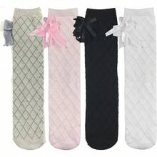 4 Pairs Girly Bow Accent Textured Over The Knee Socks - Fashionable Thigh High Socks Set For Daily & Cosplay. - Multicolor - View 7