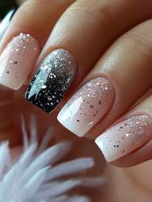 Juego de 24 pegatinas de uñas francesas cuadradas medianas de colores brillantes, que contienen brillo, uñas postizas acrílicas de cobertura total, incluye 1 pieza de gel de gelatina y 1 pieza de lima de uñas, adecuado para mujeres y estudiantes para uso diario, trabajo y eventos. - Multicolor 8 - Ver 12