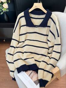 Plus-Size Collegiate-Style Striped Knit Pullover Sweater, Drop-Shoulder Long Sleeves, Ribbed Details, Super Loose Pullover Knit Design - Khaki - View 5
