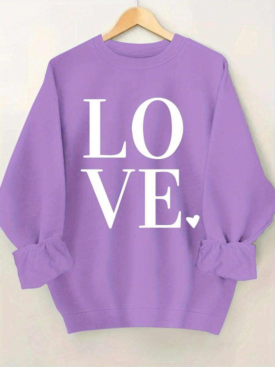 2026 New Year Cotton Sweatshirt Plus Size Love Print Sweatshirt, Casual Long Sleeve Round Neck Pullover Sweatshirt, Women's Plus Size Clothing Loose And Comfortable Winter Clothes For Women - 紫色 - 查看 1