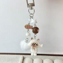 Cute Cartoon Cat Keychain With Pom Pom And Beaded Phone Strap – Adorable Bag Or Backpack Charm, Kawaii Mobile Accessory,  Key Ring Pendant, Perfect Gift For Teens, Girls, And Students, Durable And Fun Daily Charm - 灰貓(門扣款) - 查看 10