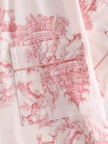 2pcs Plus Size Women Elegant Sleepwear Set With Ink Painting Design - Comfortable Long Sleeve Button-Up Top And Relaxed Pants, Spring/Summer/Autumn Loungewear - Baby Pink - View 5