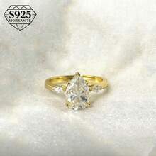 1枚2克拉梨形莫桑石戒指，S925低敏纯银材质，优雅法式精致珠宝，订婚/结婚周年纪念礼物，感恩节/圣诞节礼物，附赠精美礼盒 - 金色 - 查看 15