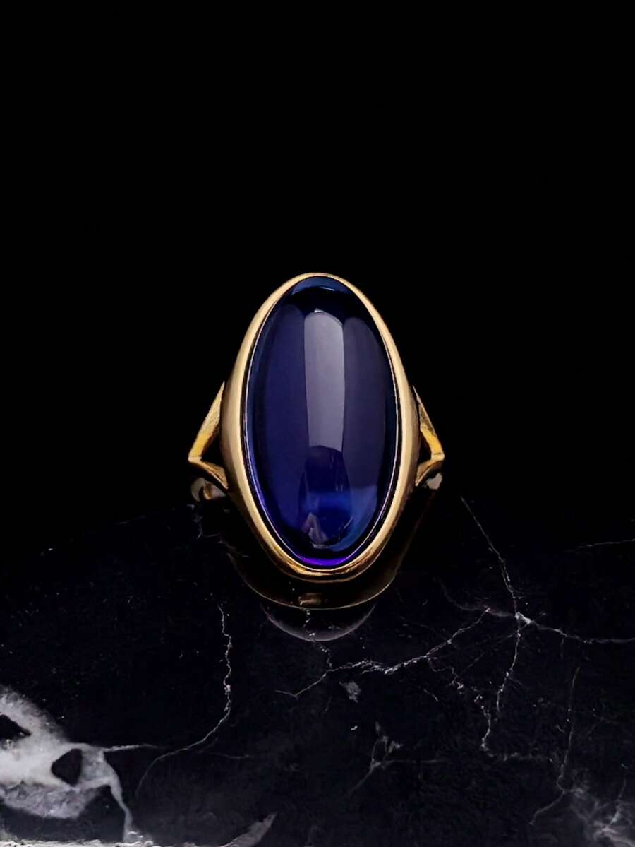 Hochwertige 316er Edelstahl vergoldeter Ring, mit schönem synthetischem blauem Edelstein besetzt, verstellbarer blauer Kristallring, geeignet für Frauen, Geschenk zum Valentinstag und Muttertag - Blau - Übersicht 1