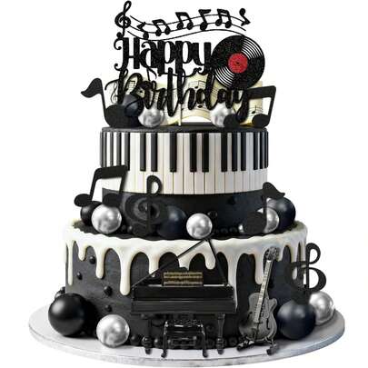 13件套音乐主题蛋糕装饰，钢琴键盘造型，黑色黑胶唱片，音符，黑白优雅钢琴键盘蛋糕装饰，带有音符、黑胶唱片图案和“生日快乐”字样，适合音乐主题庆祝活动。