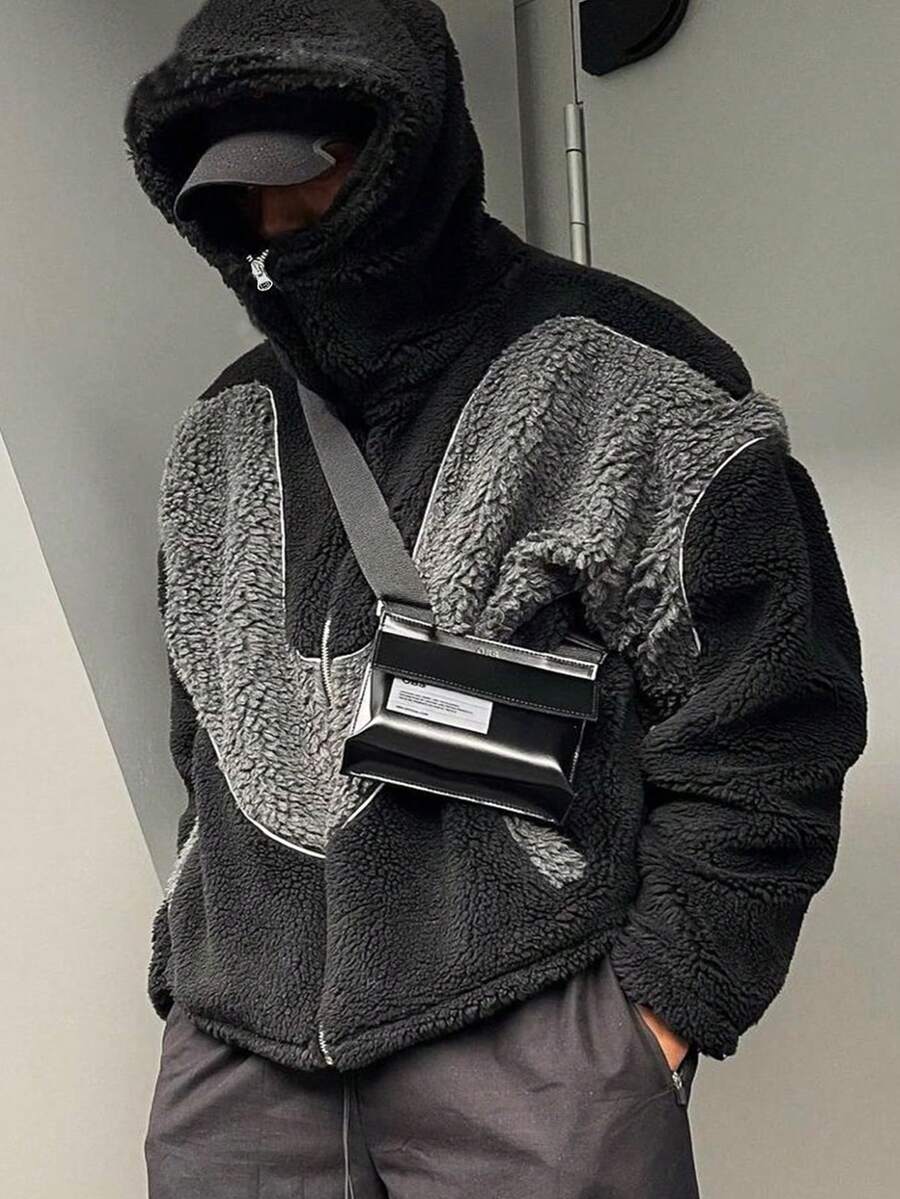 1件加厚抓絨夾克,青少年男孩穿,拼接設計,高品質毛絨面料,保暖時尚,適合冬季外出與通勤,百搭禮物選擇 - 黑色 - 查看 1