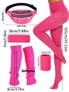 D EXCEED 5/6件套80年代女士运动服饰配件 – 头带、腕带、腰包、腿套、半透明纯色连裤袜，适用于瑜伽、户外运动、80年代主题团体运动服、节日礼物 - 彩色 - 查看 9