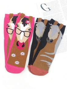 5 双女式卡通马图案中筒袜，时尚街头风格，柔软面料，适合秋冬休闲穿着 - 彩色 - 查看 2