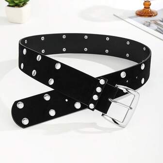 Punk Fashion Belt With Double Metal Grommets - Black Casual Style, Irregular Buckle, Suitable For Jeans And Casual Wear, Casual Belt | Fashion Belt | Durable Belt
