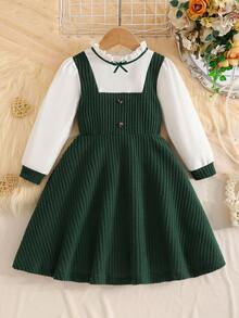 coviviky Set de 2 piezas de vestido de punto texturizado para niña - Camisa blanca con cuello de volantes + Falda de tirantes con lazo de botón verde oscuro, estilo escolar vintage