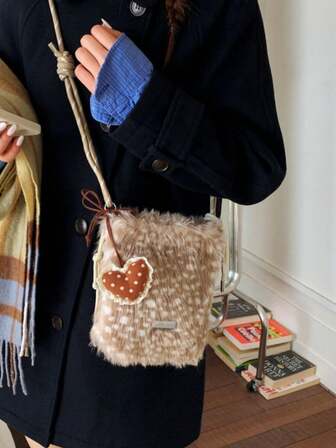 Casual Chic Cute Girly High-Quality Plush Leopard Print Heart Lace Polka Dot Drawstring Phone Pouch Crossbody Shoulder Bag For Outdoor, Commute