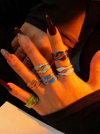 6枚18K镀金不锈钢油压葡萄柚戒指，简约时尚，百搭复古风可调节戒指，适合女性佩戴，可用于休闲、工作、派对、约会、节日和送礼（材质）