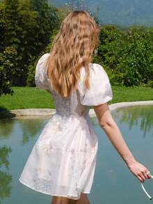 Women's Elegant Floral Print Puff Sleeve Waist Tie Midi Dress, Summer - Beige - View 2