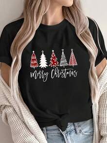 Camiseta De Mujer Con Estampado De Árbol De Navidad - Suave Y Cómoda Camiseta Casual De Manga Corta Con Diseño Festivo De Árbol Rojo Y Blanco, Texto "Feliz Navidad" Y Detalles De Copos De Nieve - Perfecta Para Celebraciones Navideñas, Camisetas De Navidad - Oscuro - Ver 1