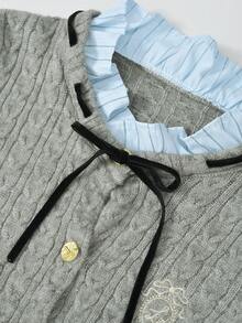 女士灰色二合一针织开衫，春秋新款，学院风荷叶边装饰，修身短款上衣 - 灰色 - 查看 3