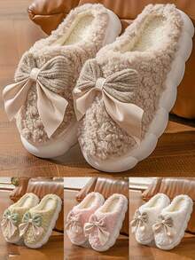 1 Pair Women's Cozy Fleece Slippers With Bow Detail, Women Slipper, Man Slipper, Slipper Maternity Slipper, Indoor Soft Warm Slippers, Cute Plush Home Bowknot Comfortable Thick Bottom, Thick Warm Indoor House Shoes, Soft Fabric Upper Sole, With Playful Design, Anti-Skid Indoor/Outdoor, Plush Interior Lining, Home Comfort, Winter Slippers, For Woman, Gifts For Women, Moms, Ladies, Men Insulation, Galentines, Puppy, Carnival, Shoe, Spring Summer Picks, Brides Maid Gifts, Room, Bedroom Decor, Bedroom Decor, Beach, Travel, For Men, For Women, Vacation - Multicolor - View 2