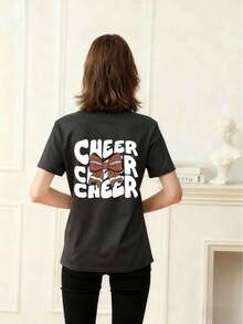 Tween 女童蝴蝶结和字母图案圆领短袖 T 恤，休闲夏季上衣