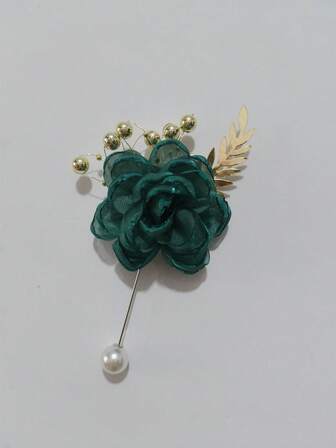 1pc Unisex Elegant Dark Green Camellia Flower With Golden Leaves & Pearls Brooch Pin, Suitable For Groom, Bride, Groomsman, Bridesmaid, Wedding, Formal Events, Parties, Gatherings