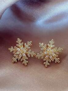 1 par de elegantes pendientes de botón con rhinestones con diseño de copo de nieve, adecuados para usar en Navidad, regalo para amigos, accesorio para el Día de San Valentín